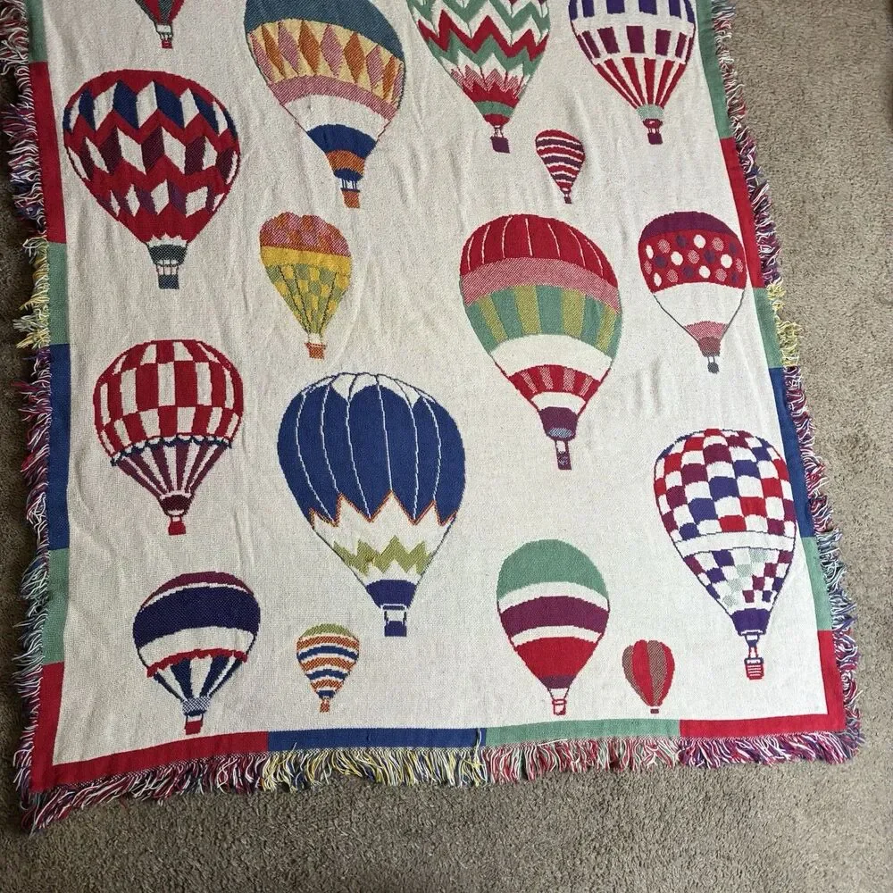 Hot Air Balloon Tapestry Cotton Blanket Throw w/Fringe 70”x46” Two Sided 1970s